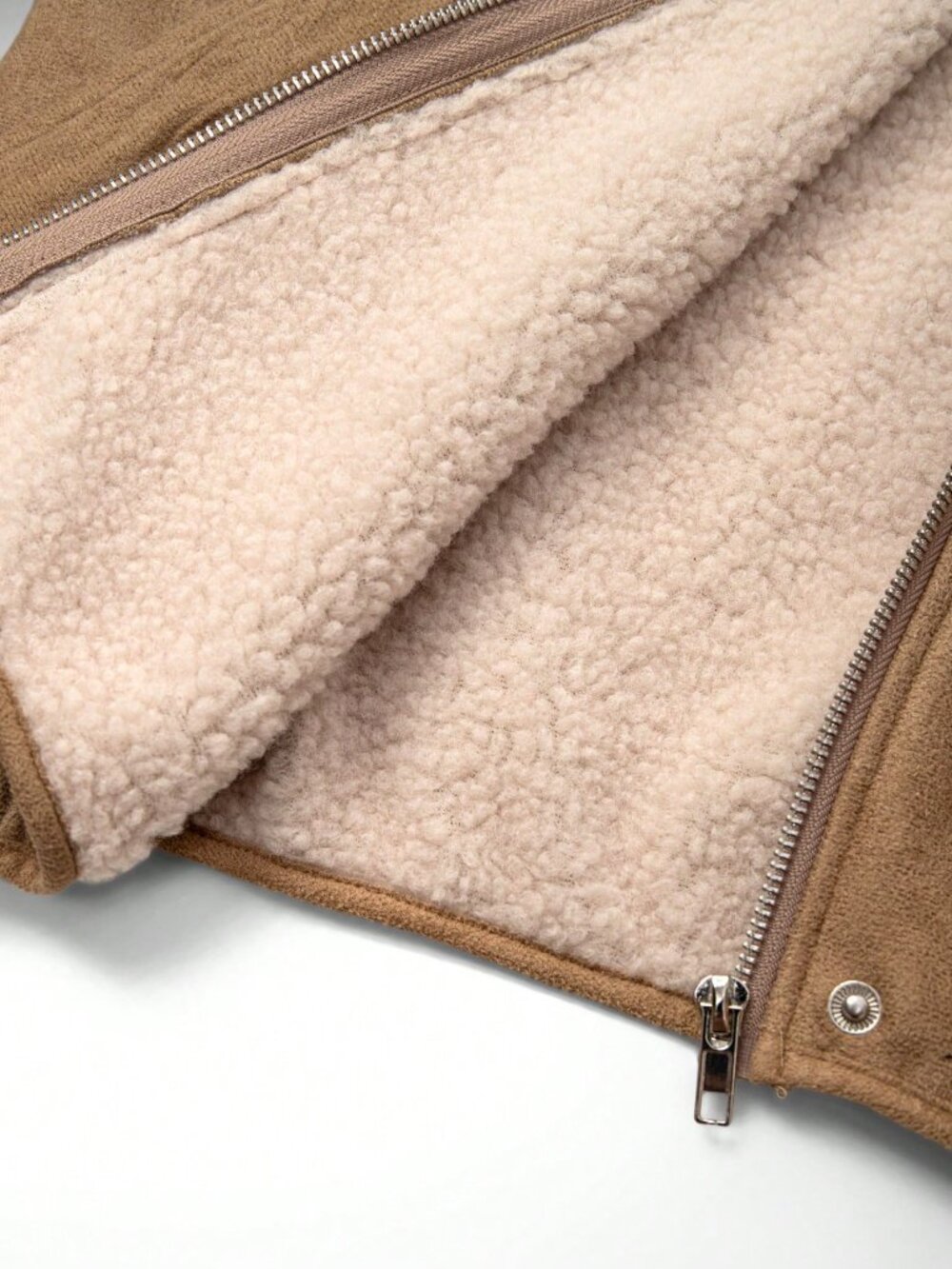 Khaki Casual Women's Oversized Drop Shoulder Zipper Faux Suede Fleece Jacket - Picture 5 of 7